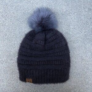 Vi Knit Fleece Lined Beanie Hat Women's Pom Grey Fuzzy Fleece Cap